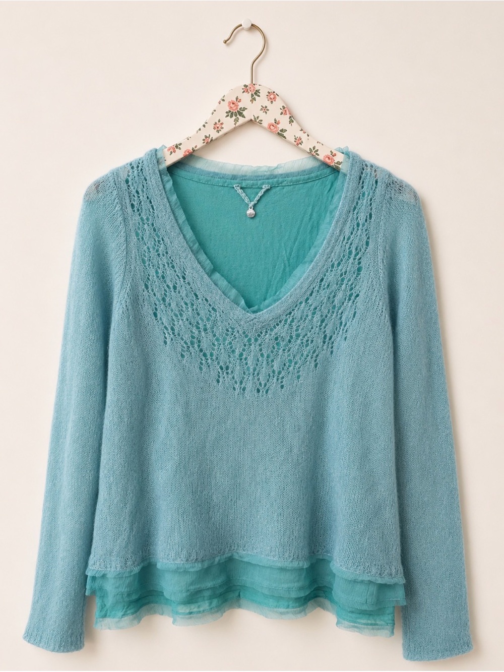 Anthropologie Knitted & Knotted Alpaca Lace Knit Chiffon V-Neck Sweater Small